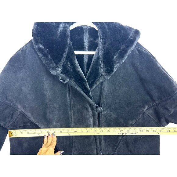 Vtg J.Percy Marvin Richards Women's M Black Suede Faux Fur Lined Coat Hooded 90s - Picture 7 of 14